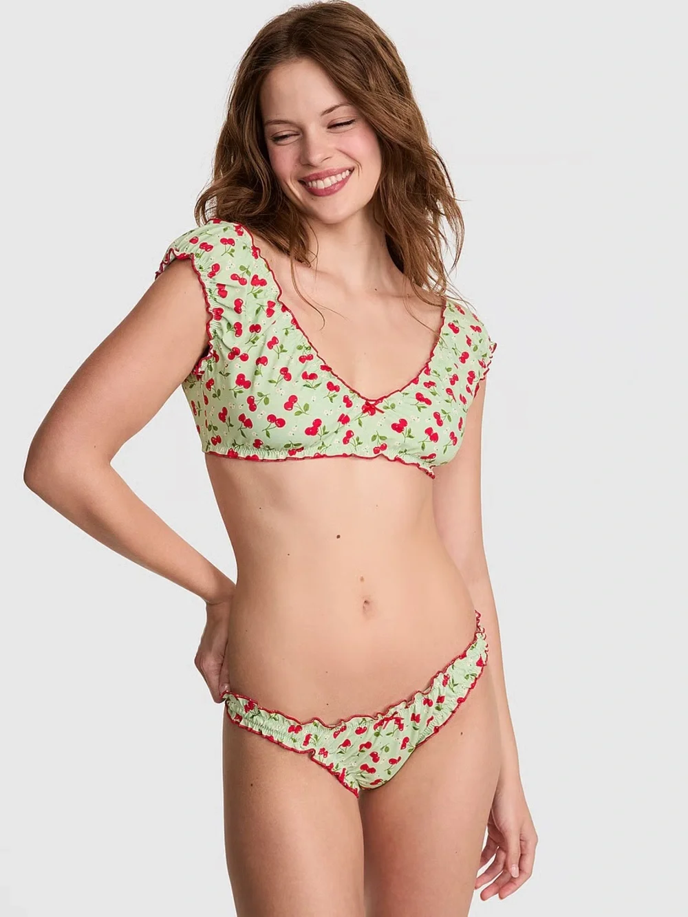 PINK by Frankie’s Bikinis Hudson Set Cherry Hearts Green Cheeky Ruffle Large